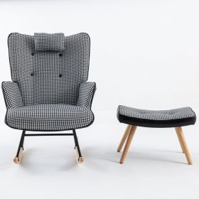 35.5 inch Rocking Chair, Soft Houndstooth Fabric Leather Fabric Rocking Chair for Nursery, Comfy Wingback Glider Rocker with Safe Solid Wood Base for