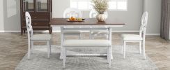 TOPMAX Mid-Century 6-Piece Trestle Table Set with Victorian Round Upholstered Dining Chairs and Long Bench, Cherry+Antique White