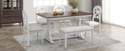 TOPMAX Mid-Century 6-Piece Trestle Table Set with Victorian Round Upholstered Dining Chairs and Long Bench, Cherry+Antique White