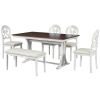 TOPMAX Mid-Century 6-Piece Trestle Table Set with Victorian Round Upholstered Dining Chairs and Long Bench, Cherry+Antique White