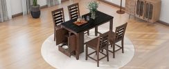 TOPMAX Counter Height 5-piece Dining Table Set with Faux Marble Tabletop, Solid Wood Table Set with Storage Cabinet and Drawer, Dark walnut