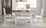 TOPMAX Mid-Century 6-Piece Trestle Table Set with Victorian Round Upholstered Dining Chairs and Long Bench, Cherry+Antique White
