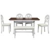 TOPMAX Mid-Century 6-Piece Trestle Table Set with Victorian Round Upholstered Dining Chairs and Long Bench, Cherry+Antique White