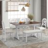 TOPMAX Mid-Century 6-Piece Trestle Table Set with Victorian Round Upholstered Dining Chairs and Long Bench, Cherry+Antique White