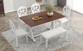 TOPMAX Mid-Century 6-Piece Trestle Table Set with Victorian Round Upholstered Dining Chairs and Long Bench, Cherry+Antique White